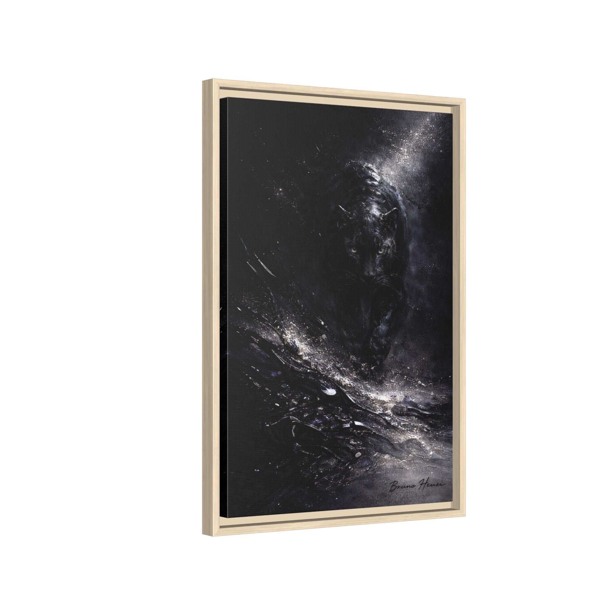Cosmic Black Panther Matte Framed Canvas – Dark Abstract Wildlife Wall Art