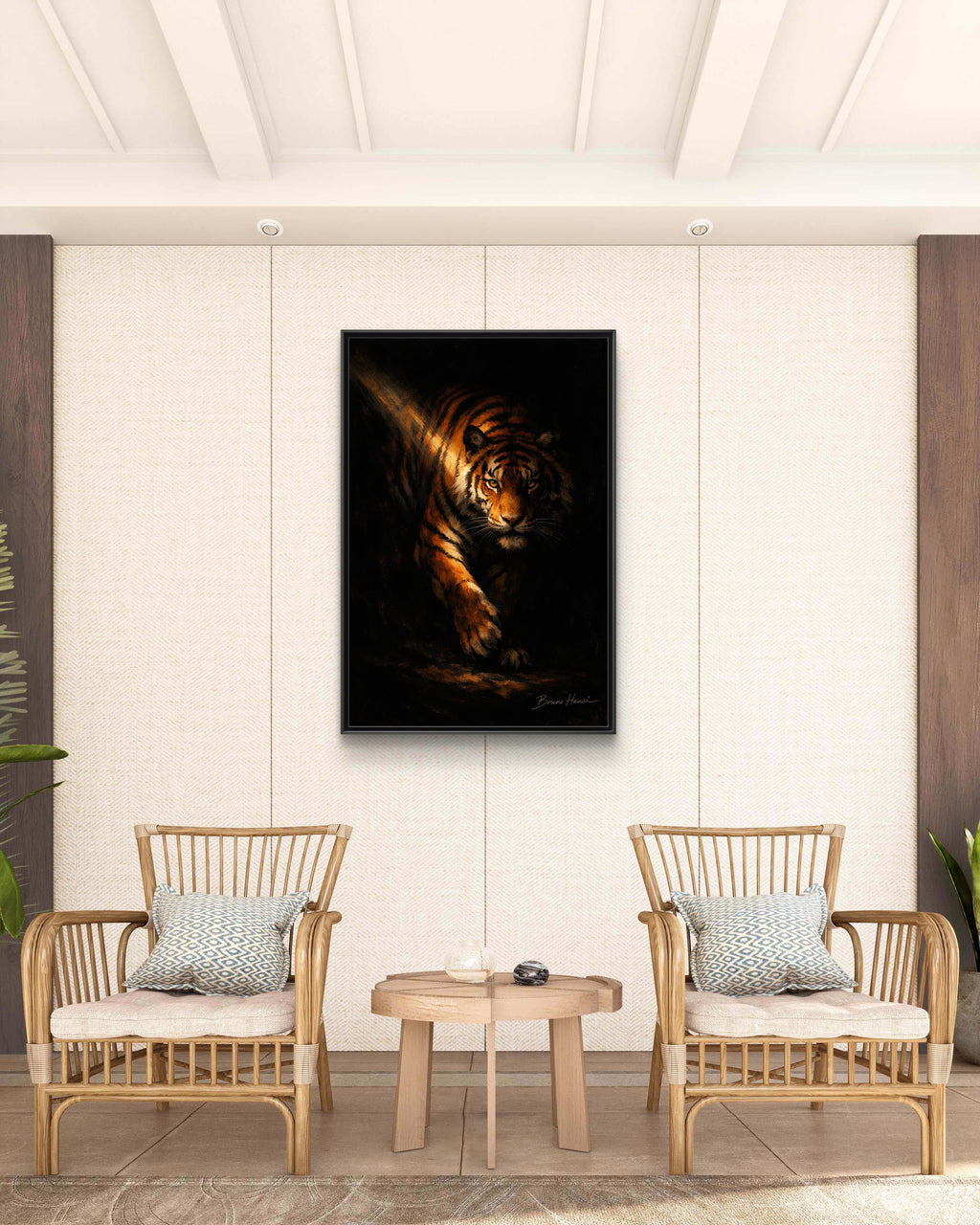 Tiger in the Shadows Matte Framed Canvas Print — Dramatic Wildlife Wall Art