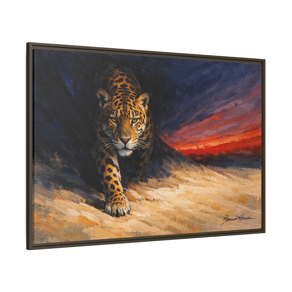 Framed Jaguar Canvas Art – Majestic Big Cat Painting with Sunset Sky