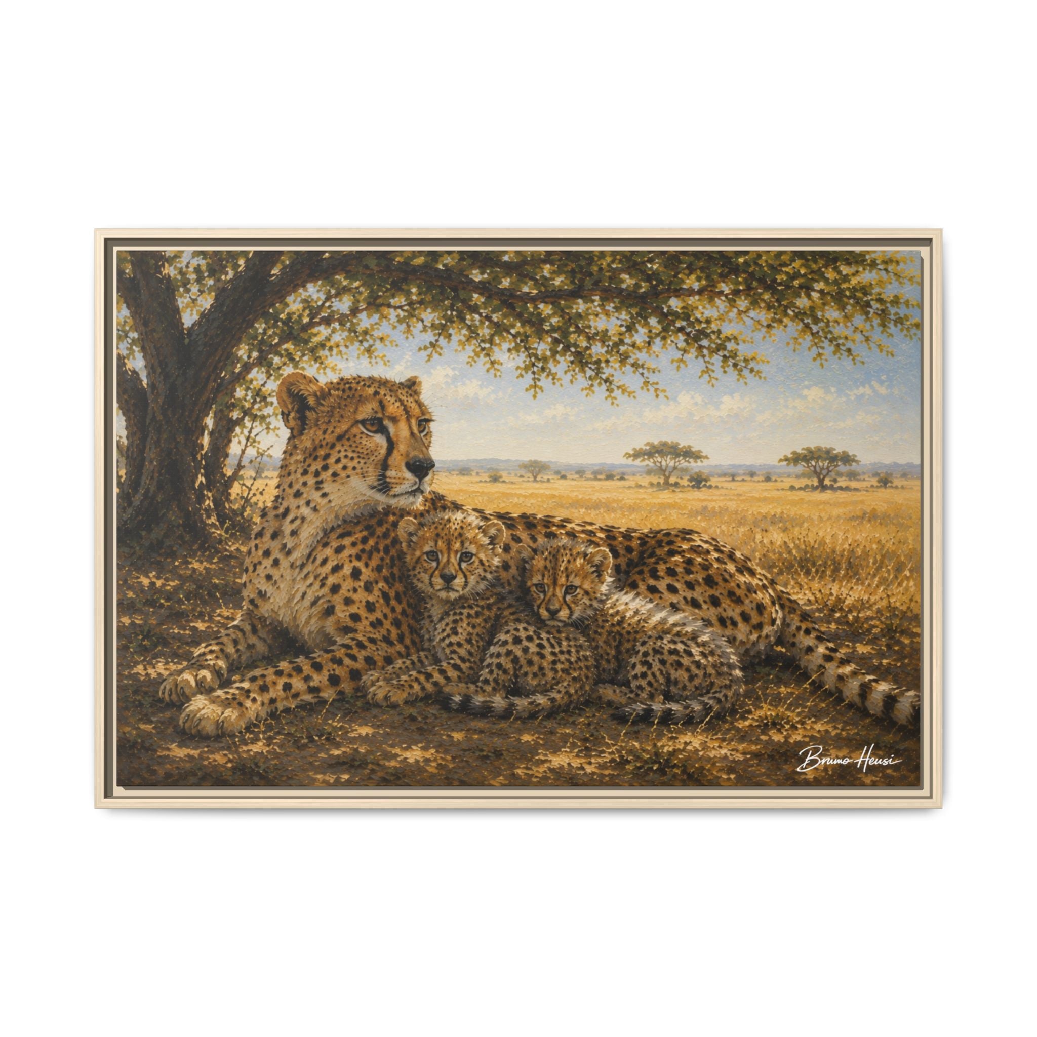 Cheetah Mother & Cubs Framed Canvas Wall Art – African Wildlife Safari Print