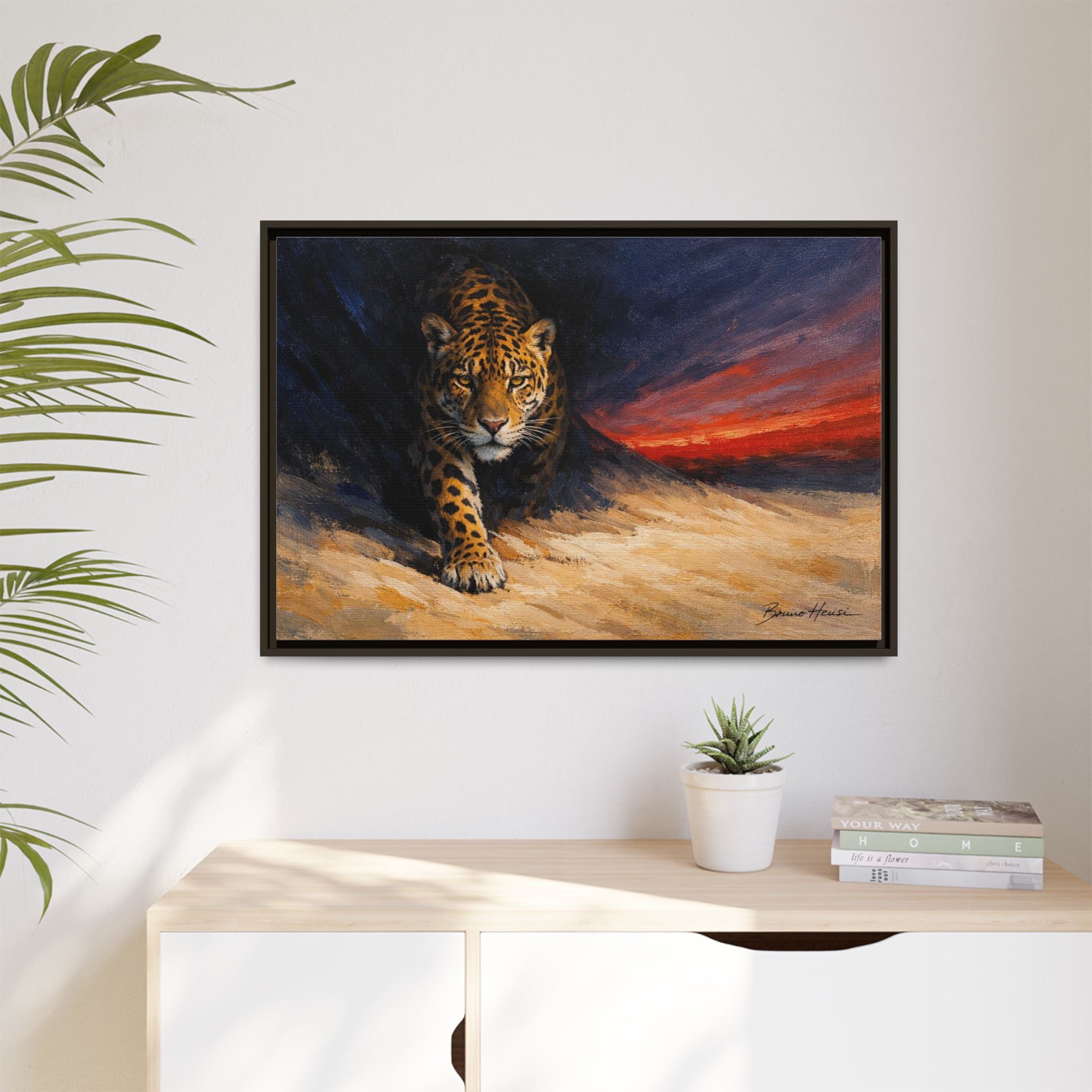 Framed Jaguar Canvas Art – Majestic Big Cat Painting with Sunset Sky