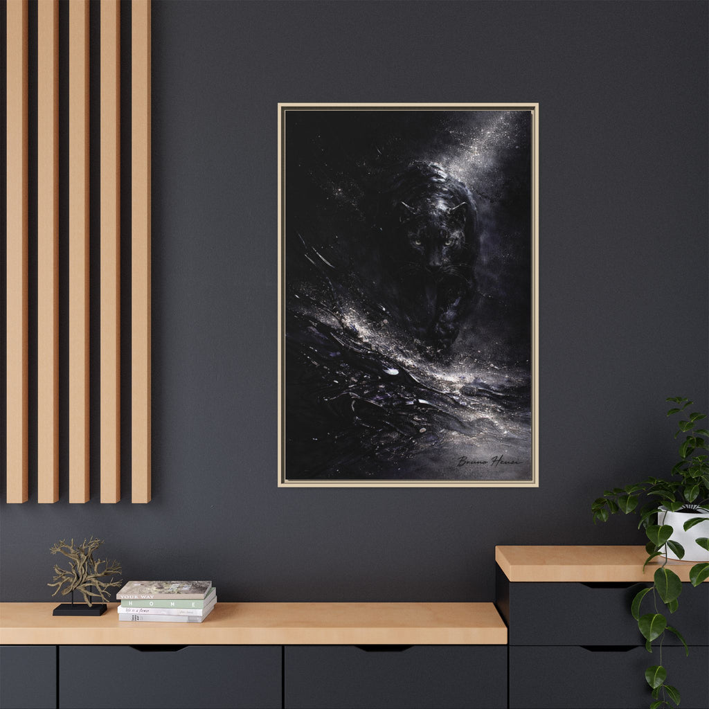 Cosmic Black Panther Matte Framed Canvas – Dark Abstract Wildlife Wall Art