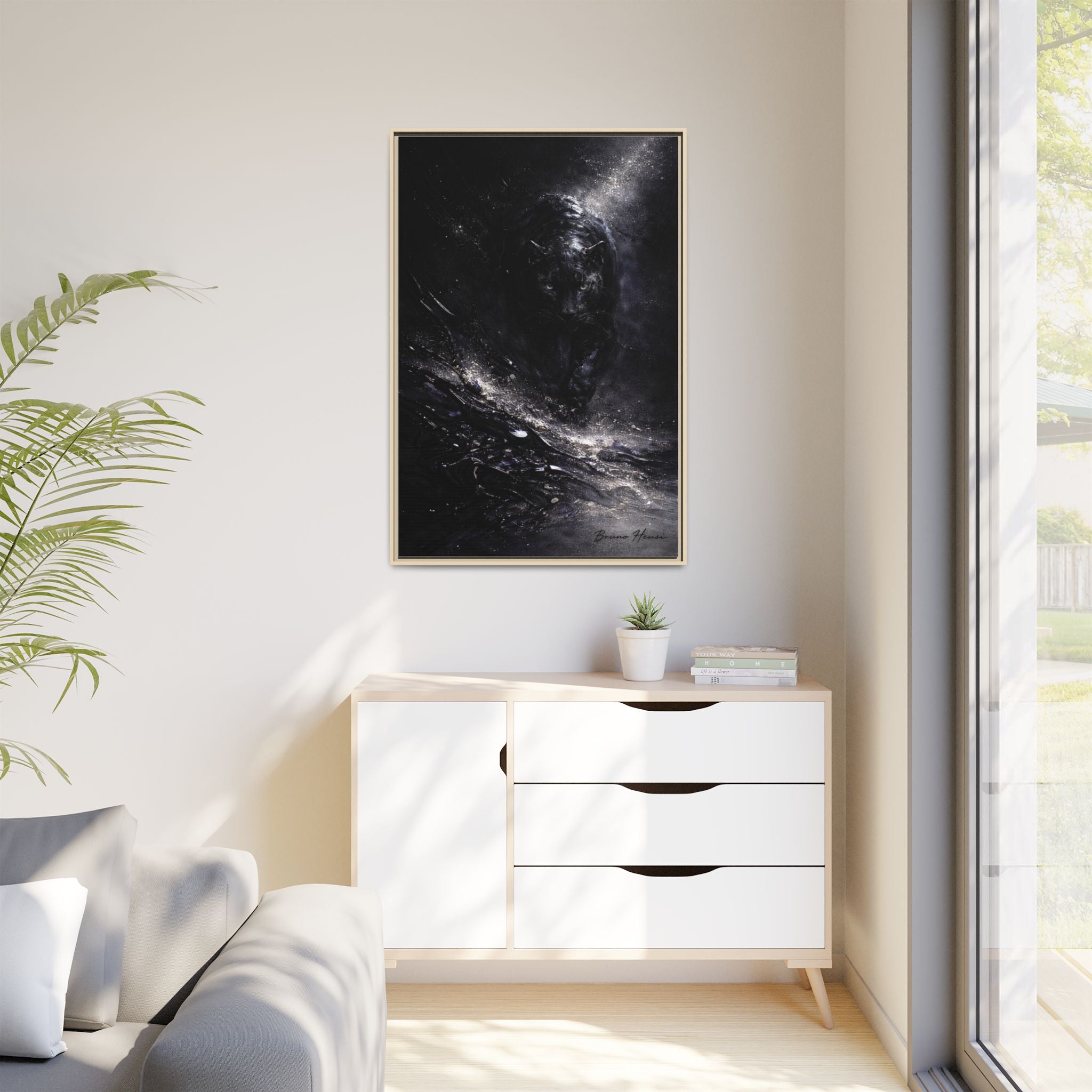 Cosmic Black Panther Matte Framed Canvas – Dark Abstract Wildlife Wall Art