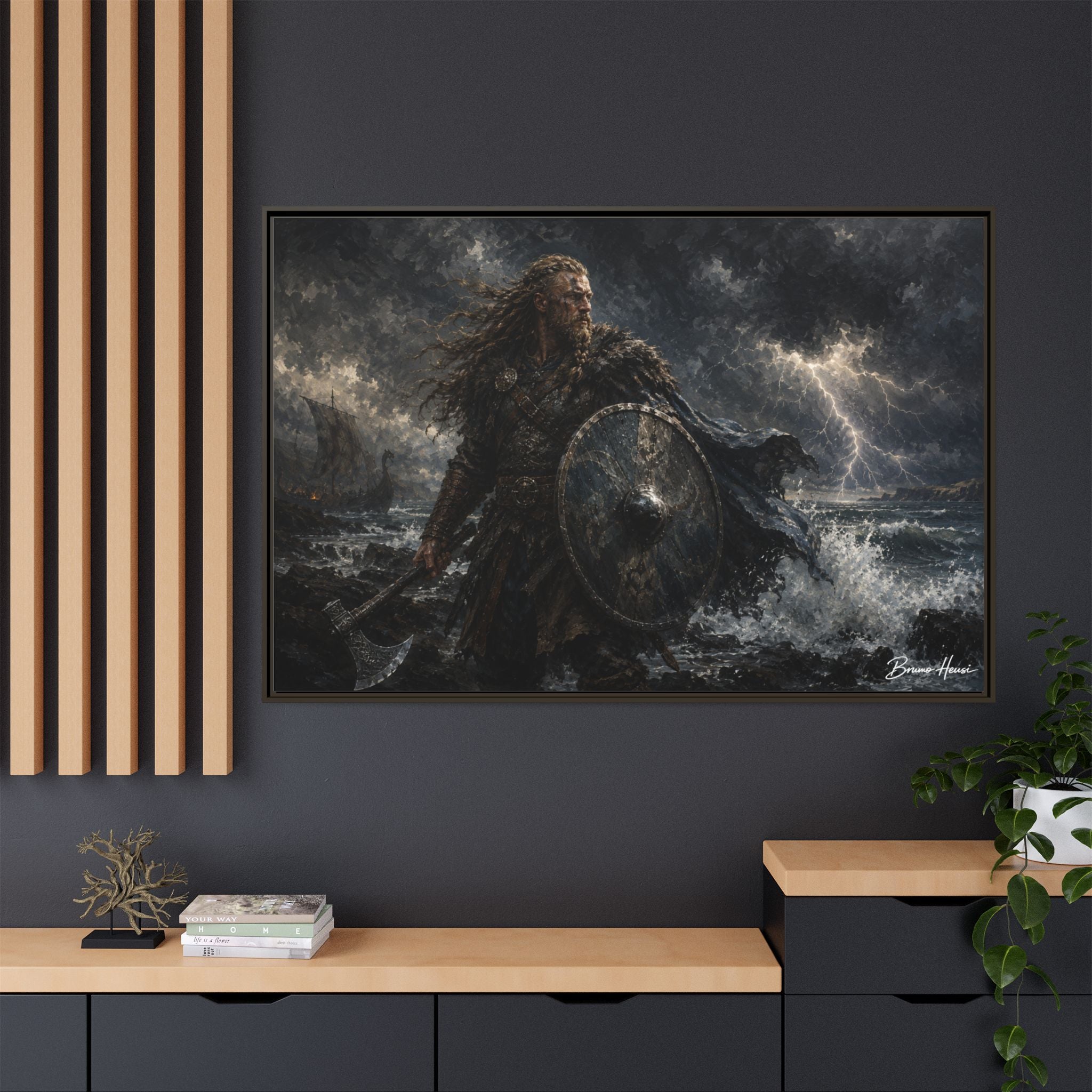 Viking Warrior Matte Framed Canvas Print — Stormy Norse Shield and Axe Wall Art
