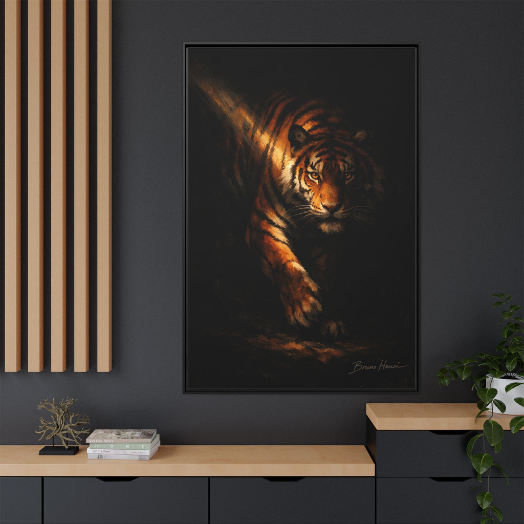 Tiger in the Shadows Matte Framed Canvas Print — Dramatic Wildlife Wall Art