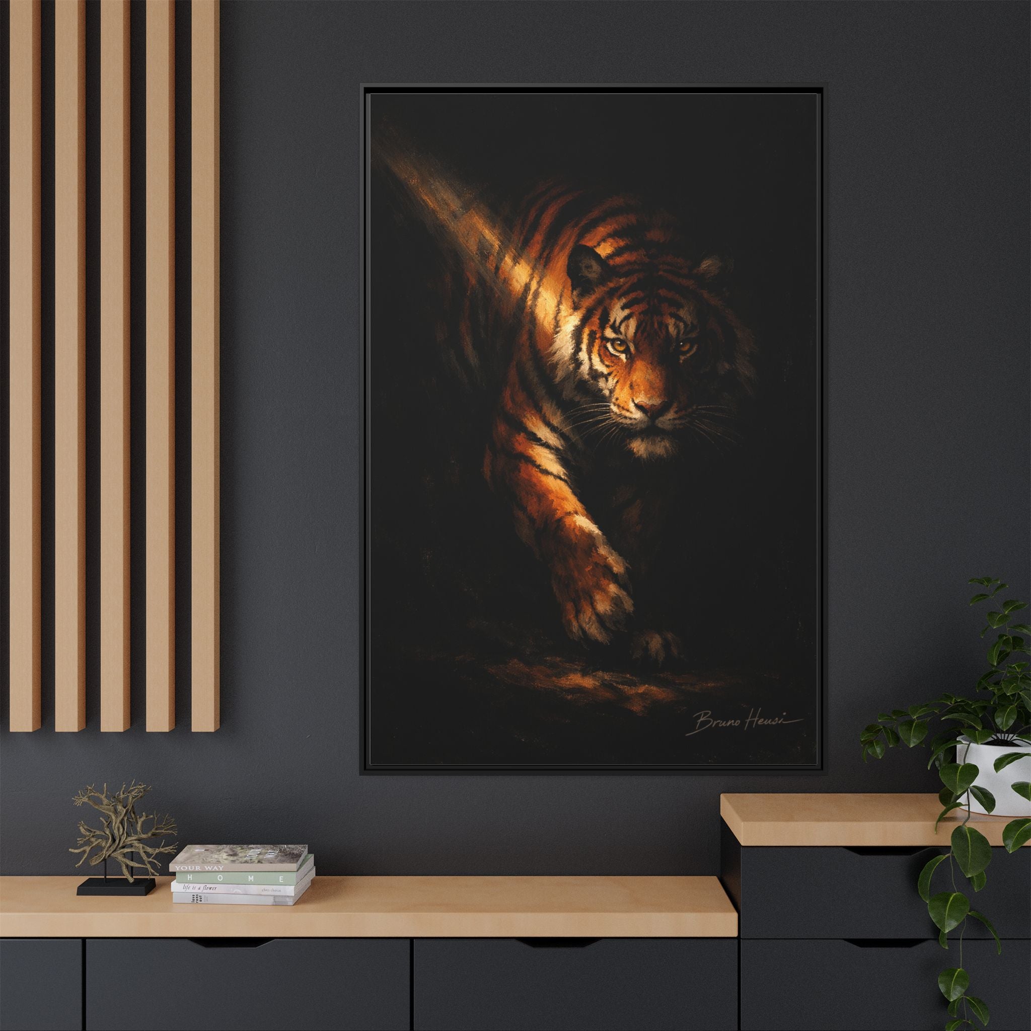 Tiger in the Shadows Matte Framed Canvas Print — Dramatic Wildlife Wall Art