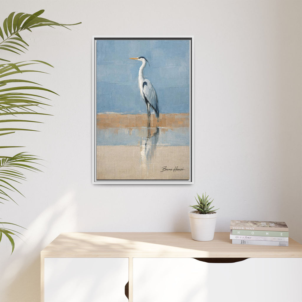Framed Heron Canvas Art – Coastal Shorebird Wall Decor