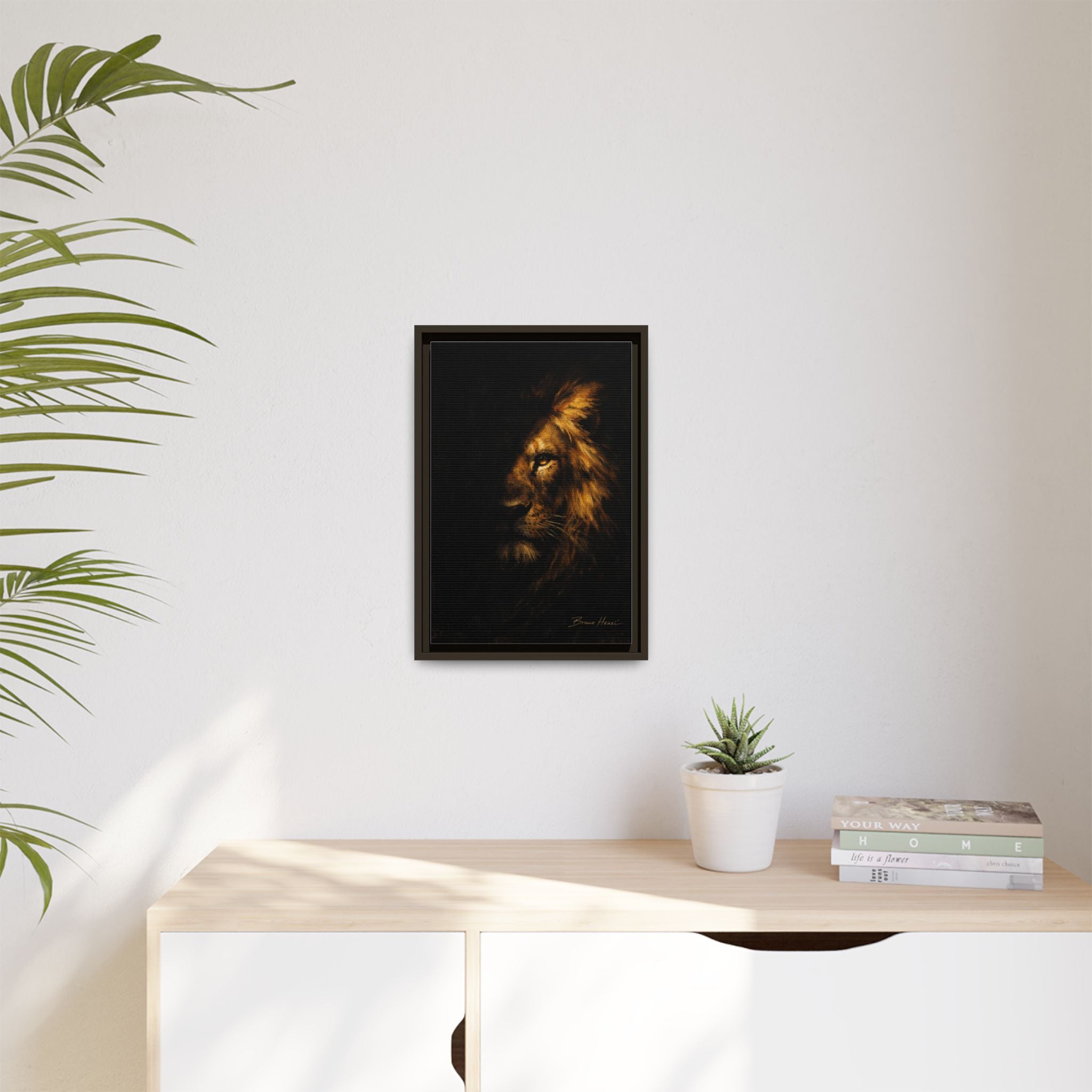 Majestic Lion Portrait Framed Canvas Wall Art — Golden Mane on Black Matte Print