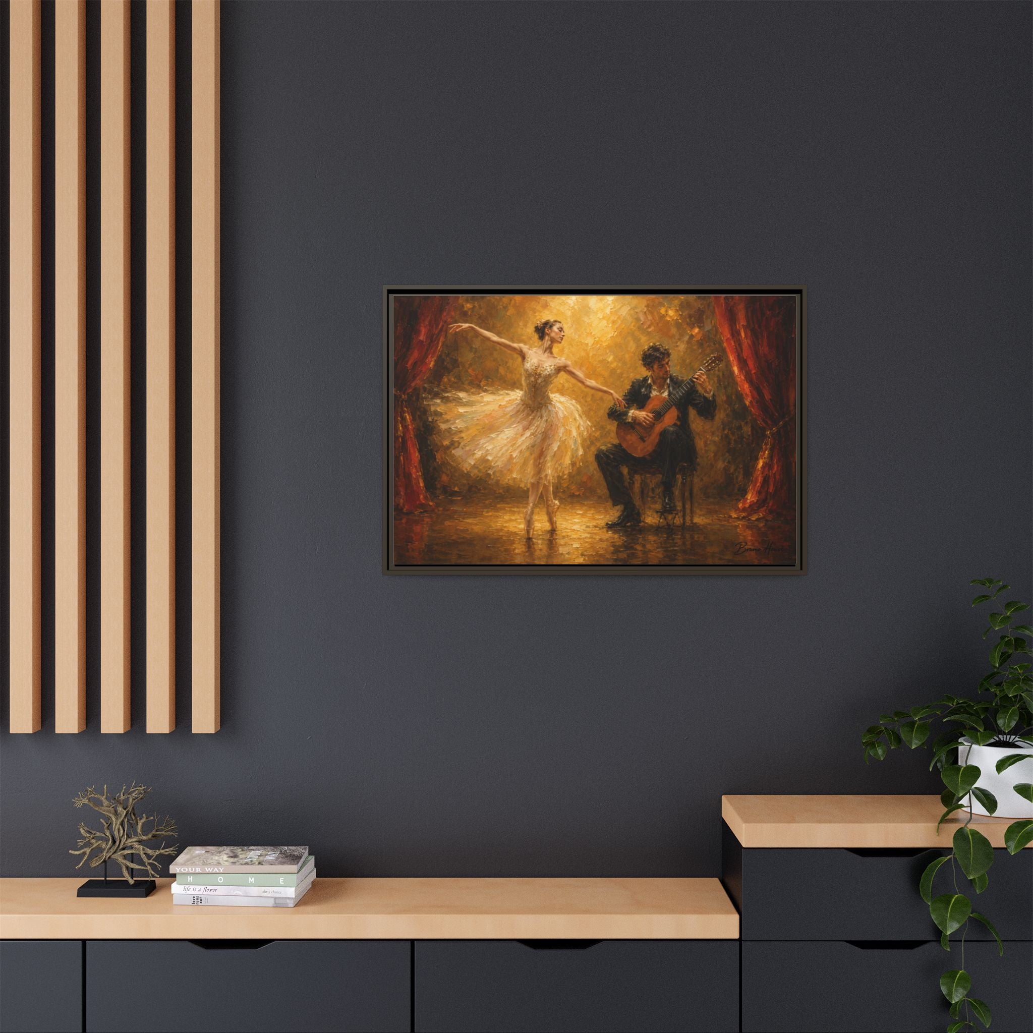Ballet Dancer & Guitarist Framed Canvas Wall Art — Oil-Style Performance Print