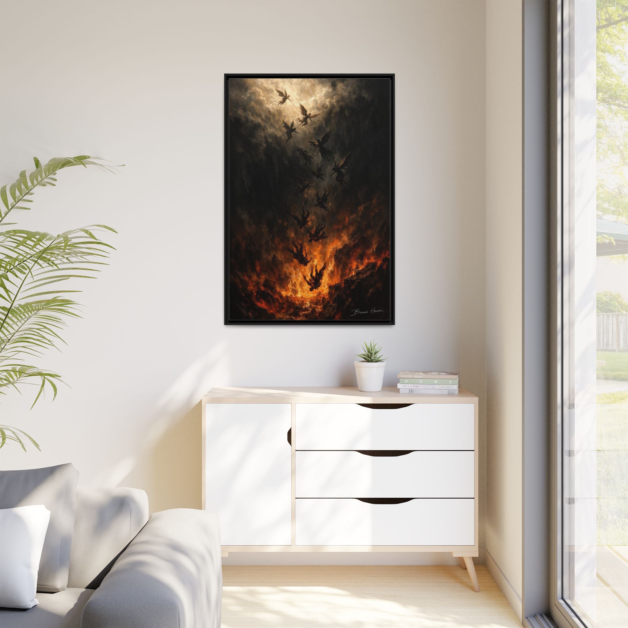 Falling Angels Matte Framed Canvas Print — Dark Fantasy Wall Art