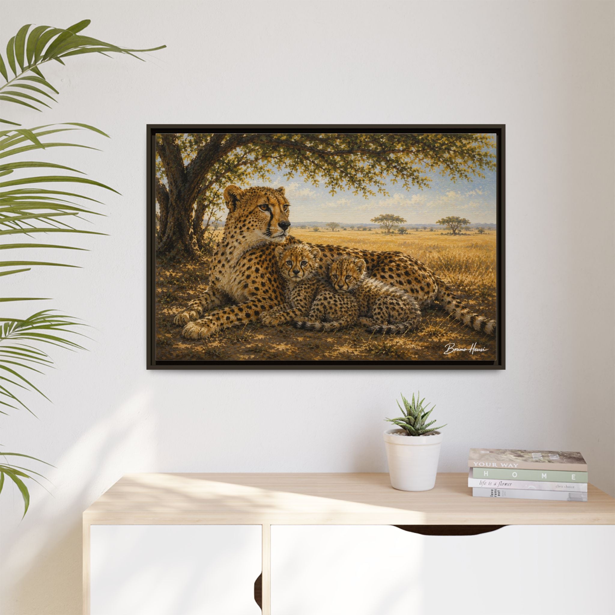 Cheetah Mother & Cubs Framed Canvas Wall Art – African Wildlife Safari Print