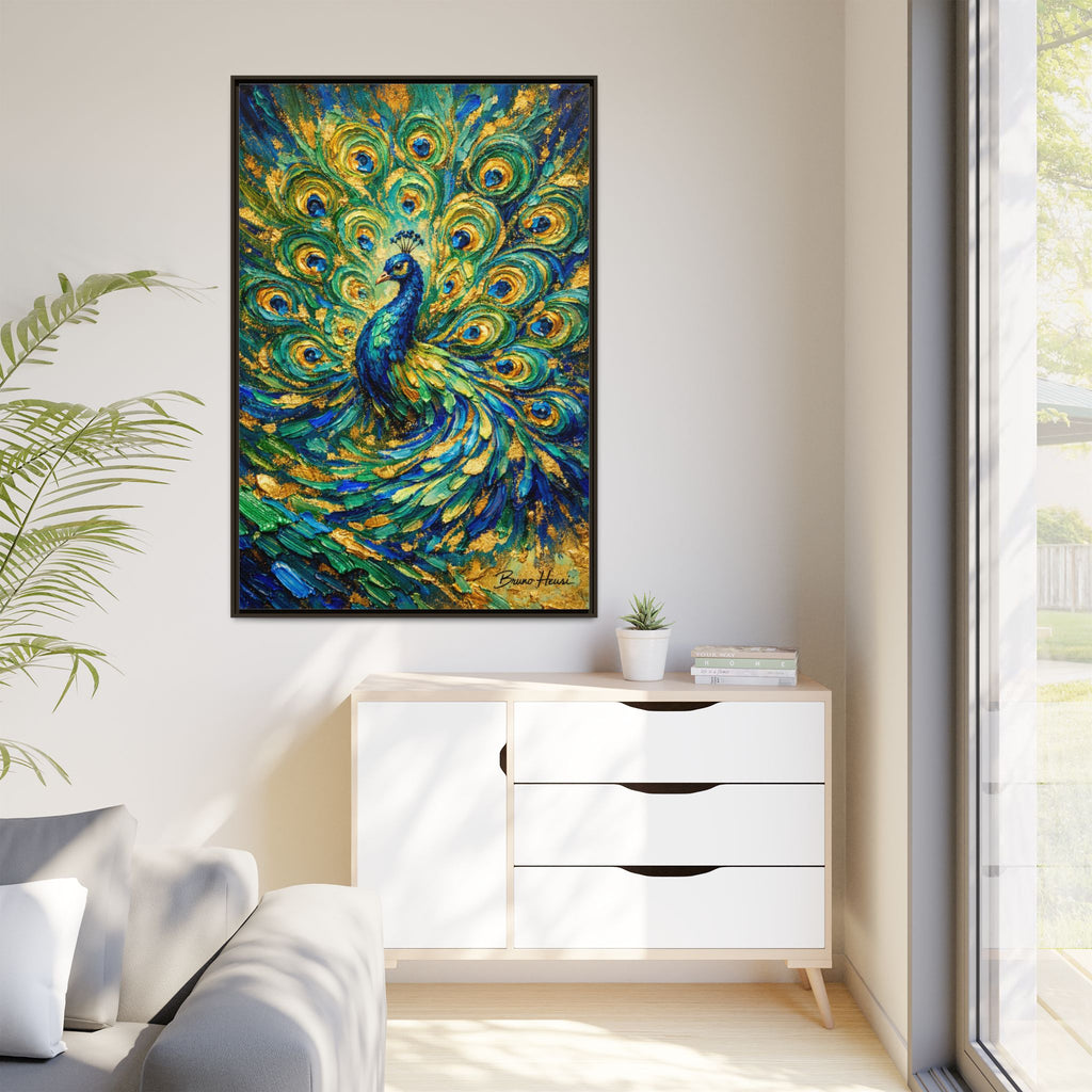 Peacock Oil-Style Framed Canvas Wall Art — Vibrant Blue & Gold Peacock Painting