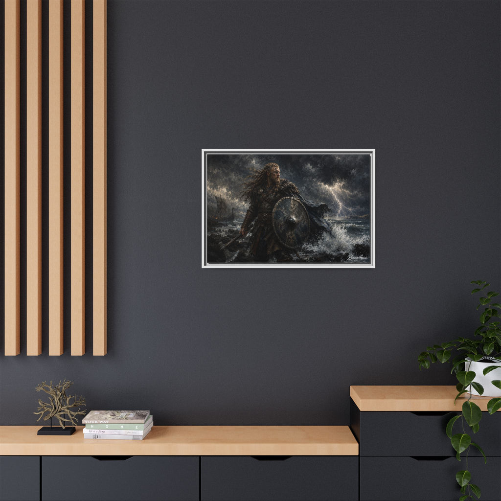 Viking Warrior Matte Framed Canvas Print — Stormy Norse Shield and Axe Wall Art