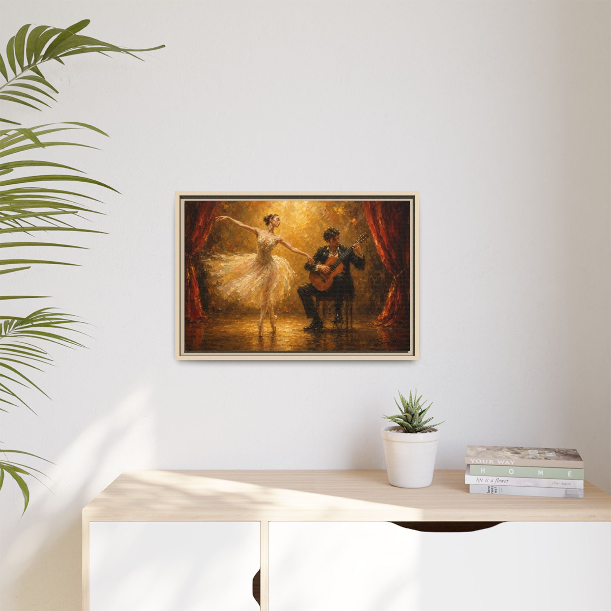 Ballet Dancer & Guitarist Framed Canvas Wall Art — Oil-Style Performance Print