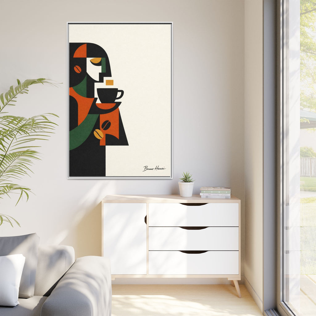 Abstract Coffee Drinker Framed Canvas Print — Modern Café Wall Art