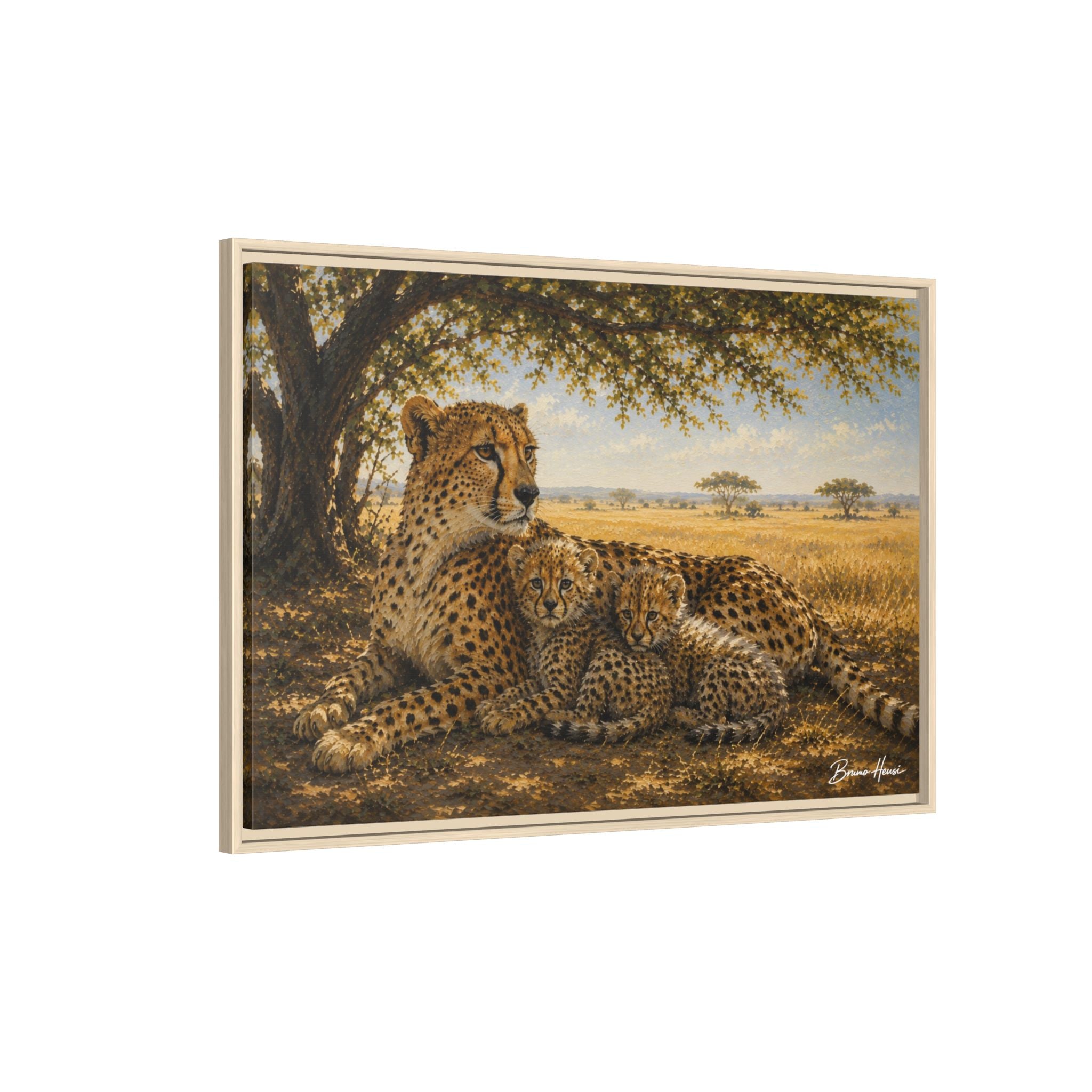 Cheetah Mother & Cubs Framed Canvas Wall Art – African Wildlife Safari Print