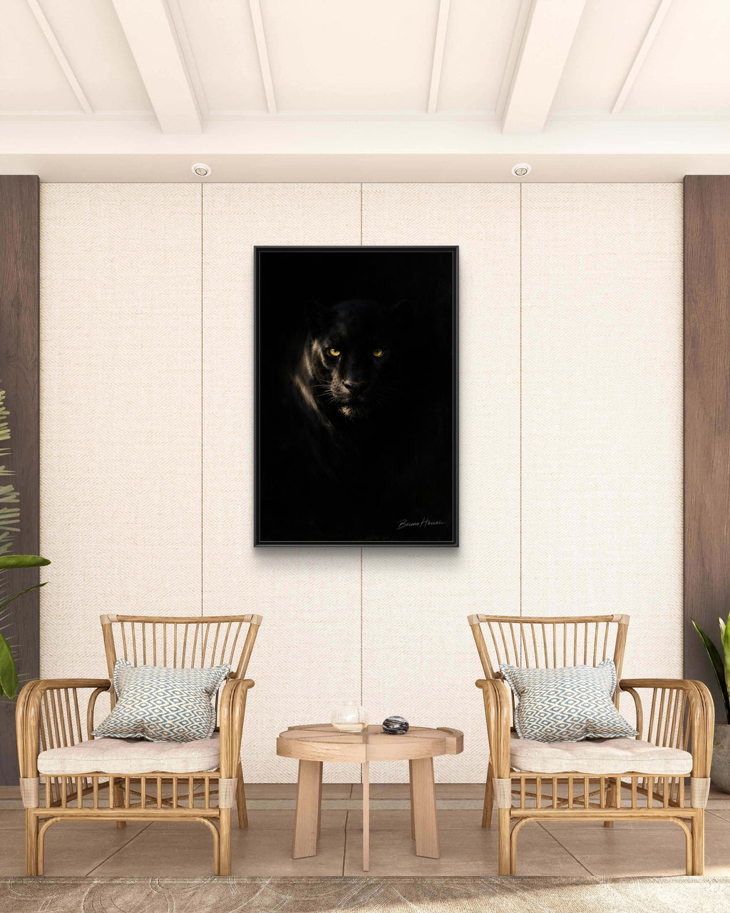 Framed Matte Canvas - Black Panther Wall Art with Golden Eyes