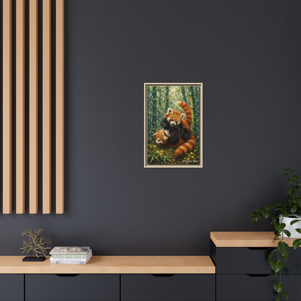 Red Panda Playtime Framed Canvas Wall Art — Playful Wildlife Print