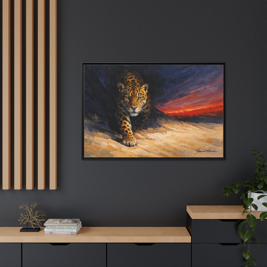 Framed Jaguar Canvas Art – Majestic Big Cat Painting with Sunset Sky