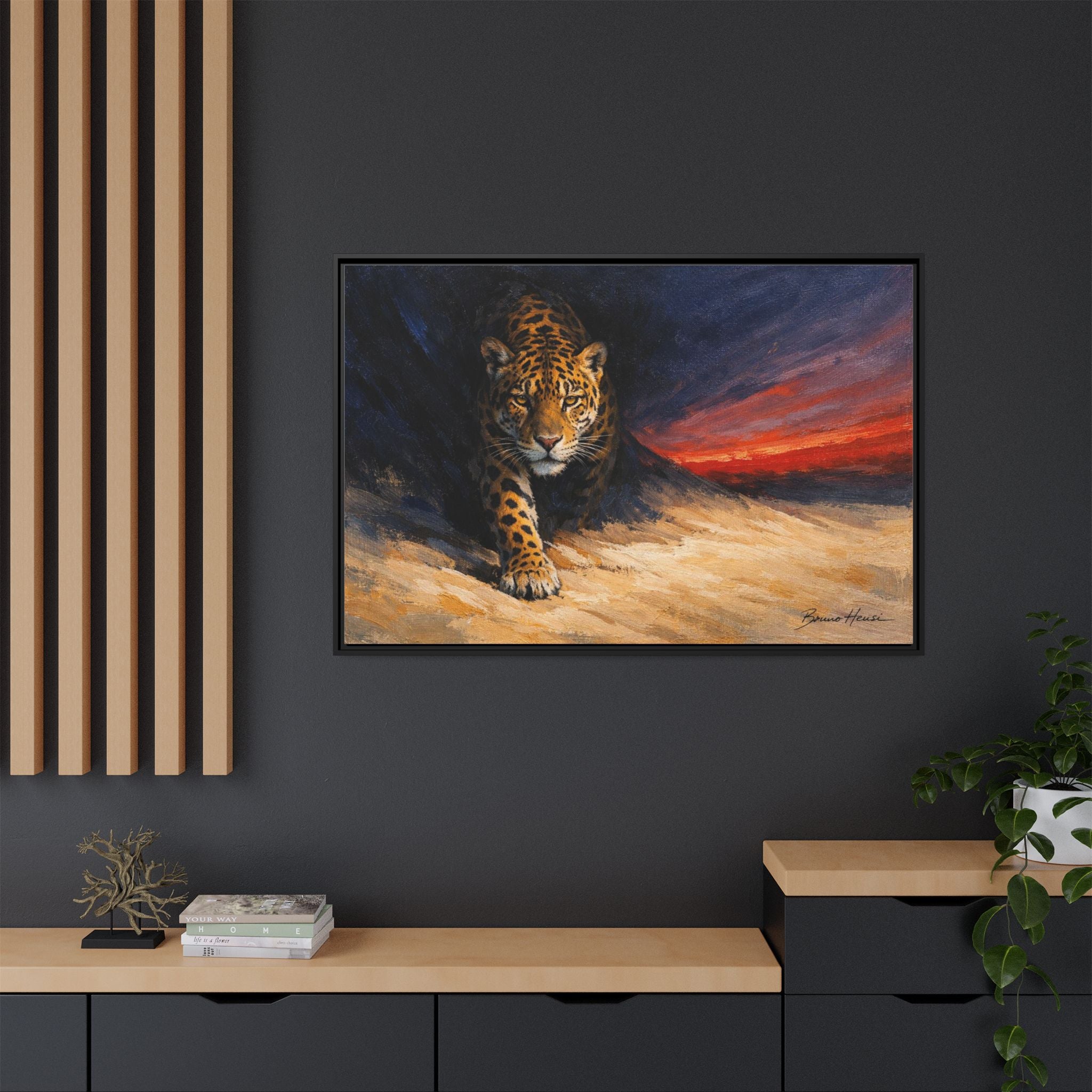 Framed Jaguar Canvas Art – Majestic Big Cat Painting with Sunset Sky