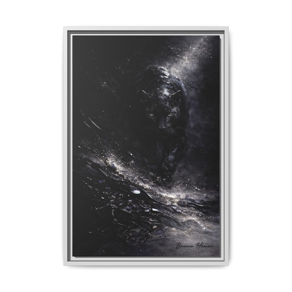 Cosmic Black Panther Matte Framed Canvas – Dark Abstract Wildlife Wall Art