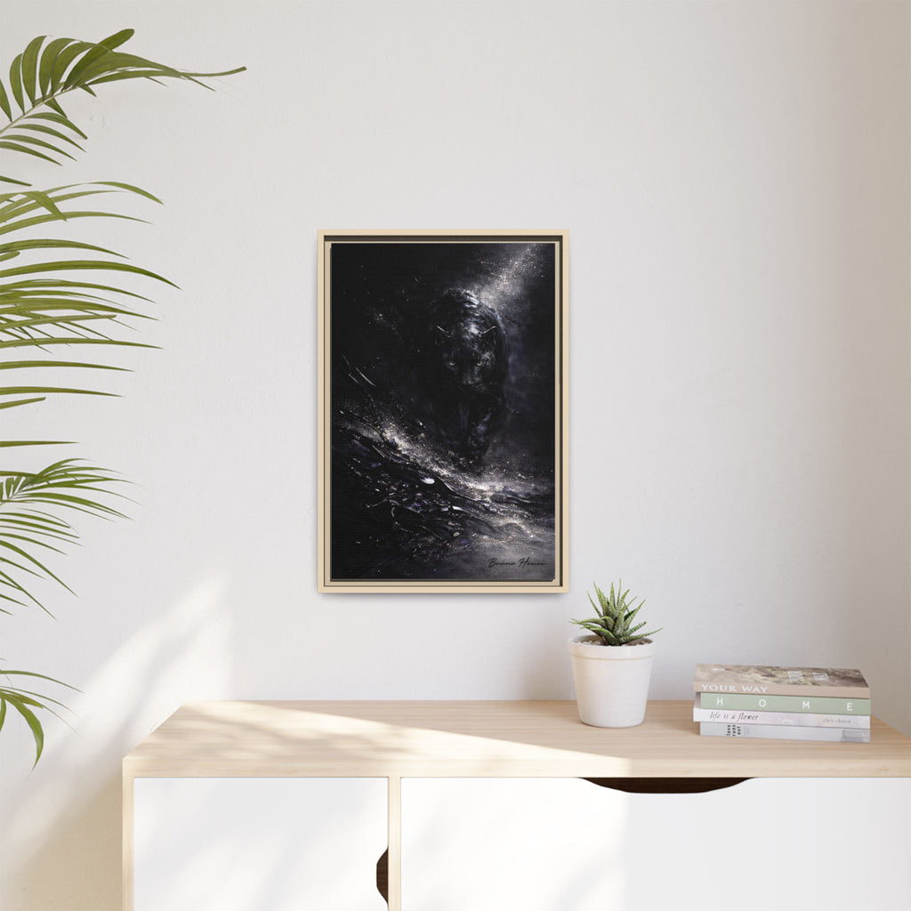 Cosmic Black Panther Matte Framed Canvas – Dark Abstract Wildlife Wall Art