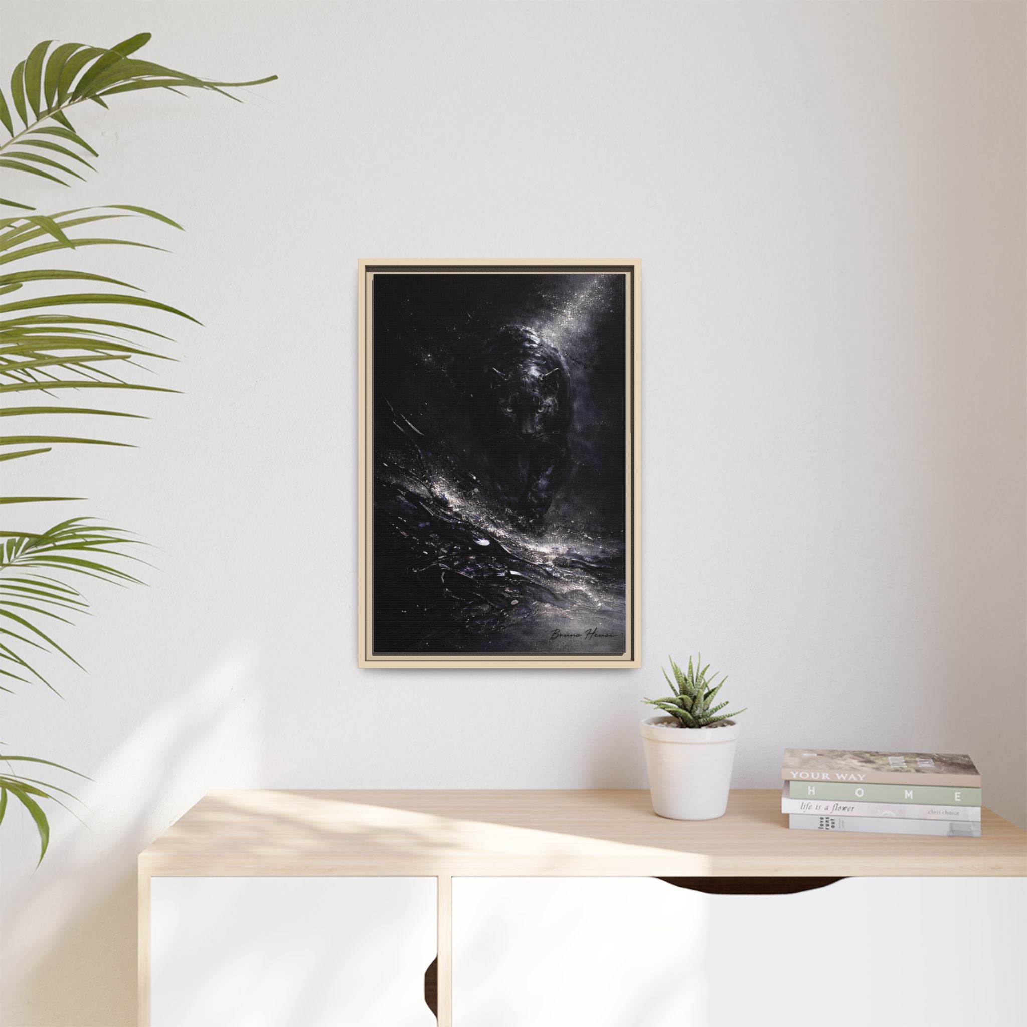 Cosmic Black Panther Matte Framed Canvas – Dark Abstract Wildlife Wall Art