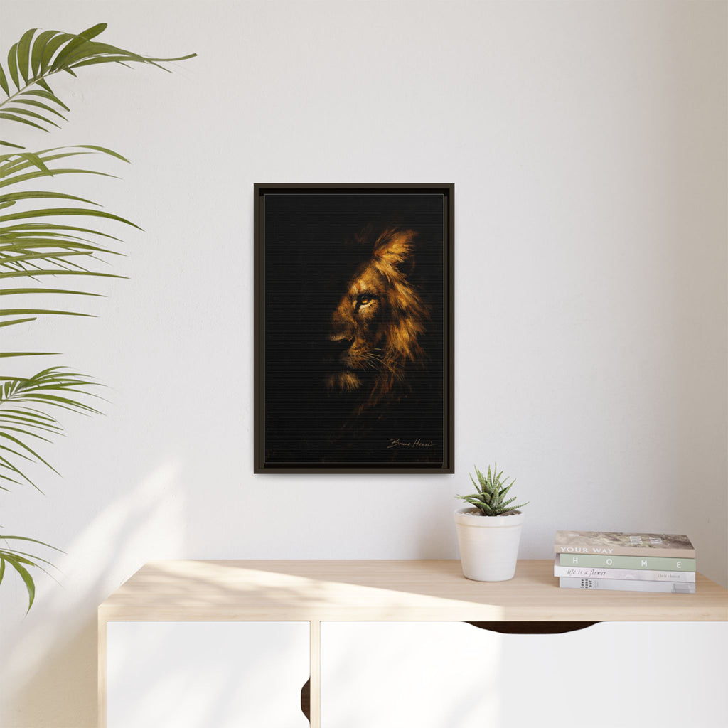 Majestic Lion Portrait Framed Canvas Wall Art — Golden Mane on Black Matte Print