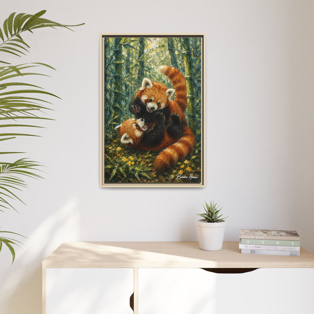 Red Panda Playtime Framed Canvas Wall Art — Playful Wildlife Print