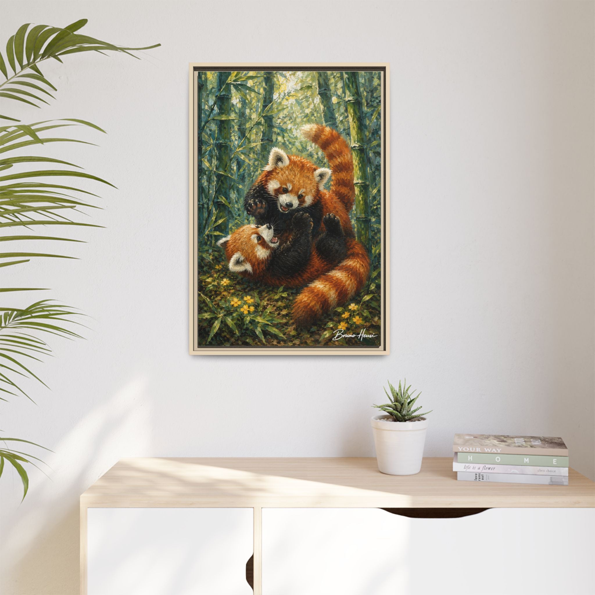 Red Panda Playtime Framed Canvas Wall Art — Playful Wildlife Print