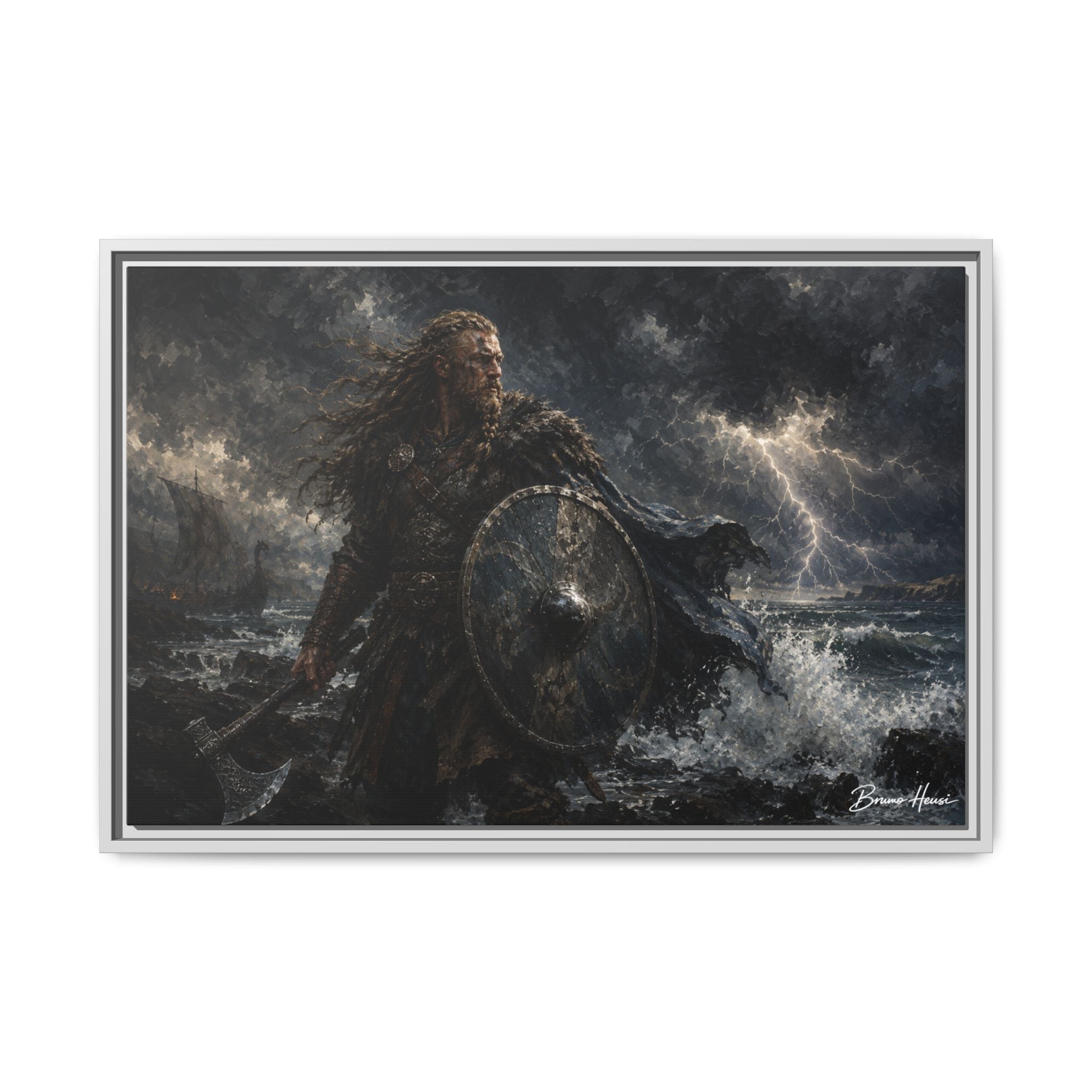 Viking Warrior Matte Framed Canvas Print — Stormy Norse Shield and Axe Wall Art
