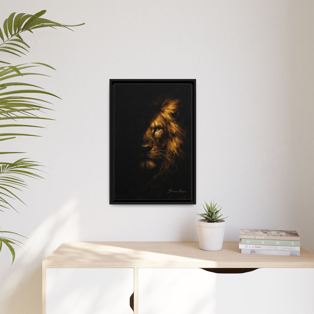 Majestic Lion Portrait Framed Canvas Wall Art — Golden Mane on Black Matte Print