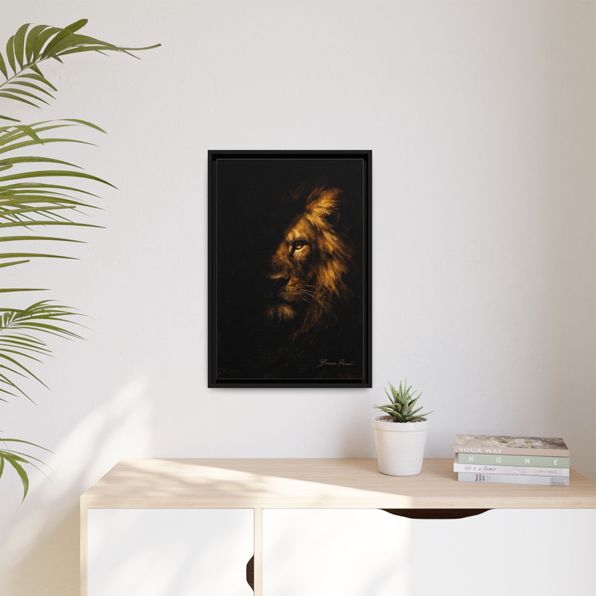 Majestic Lion Portrait Framed Canvas Wall Art — Golden Mane on Black Matte Print