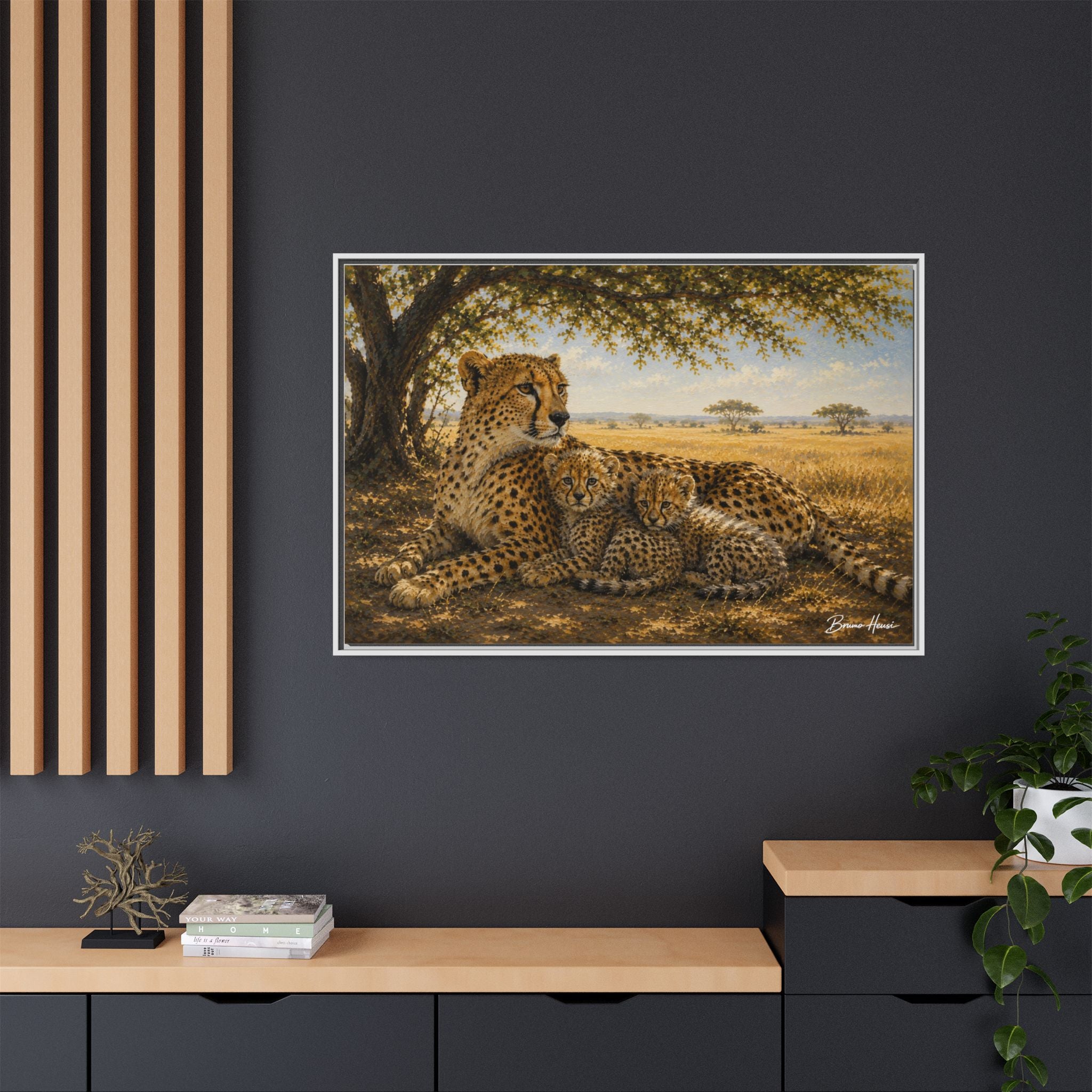 Cheetah Mother & Cubs Framed Canvas Wall Art – African Wildlife Safari Print
