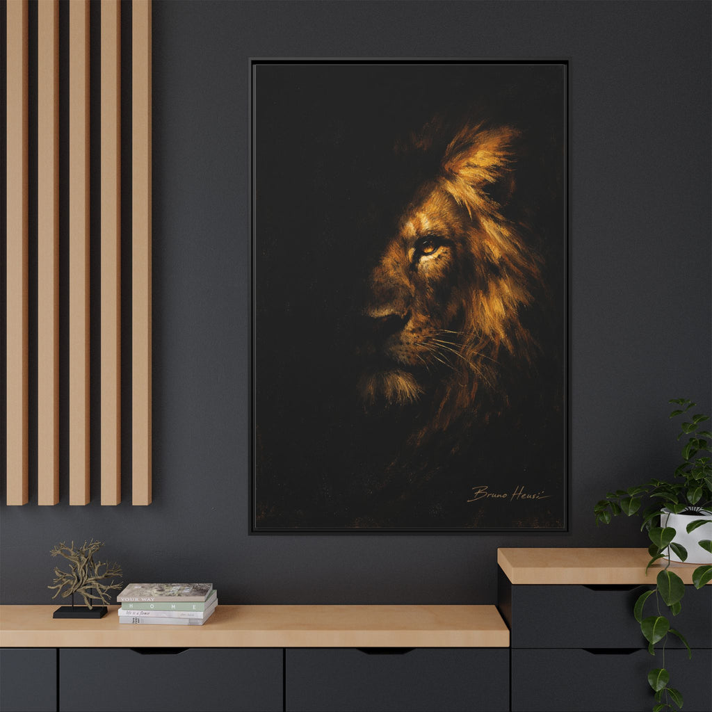 Majestic Lion Portrait Framed Canvas Wall Art — Golden Mane on Black Matte Print