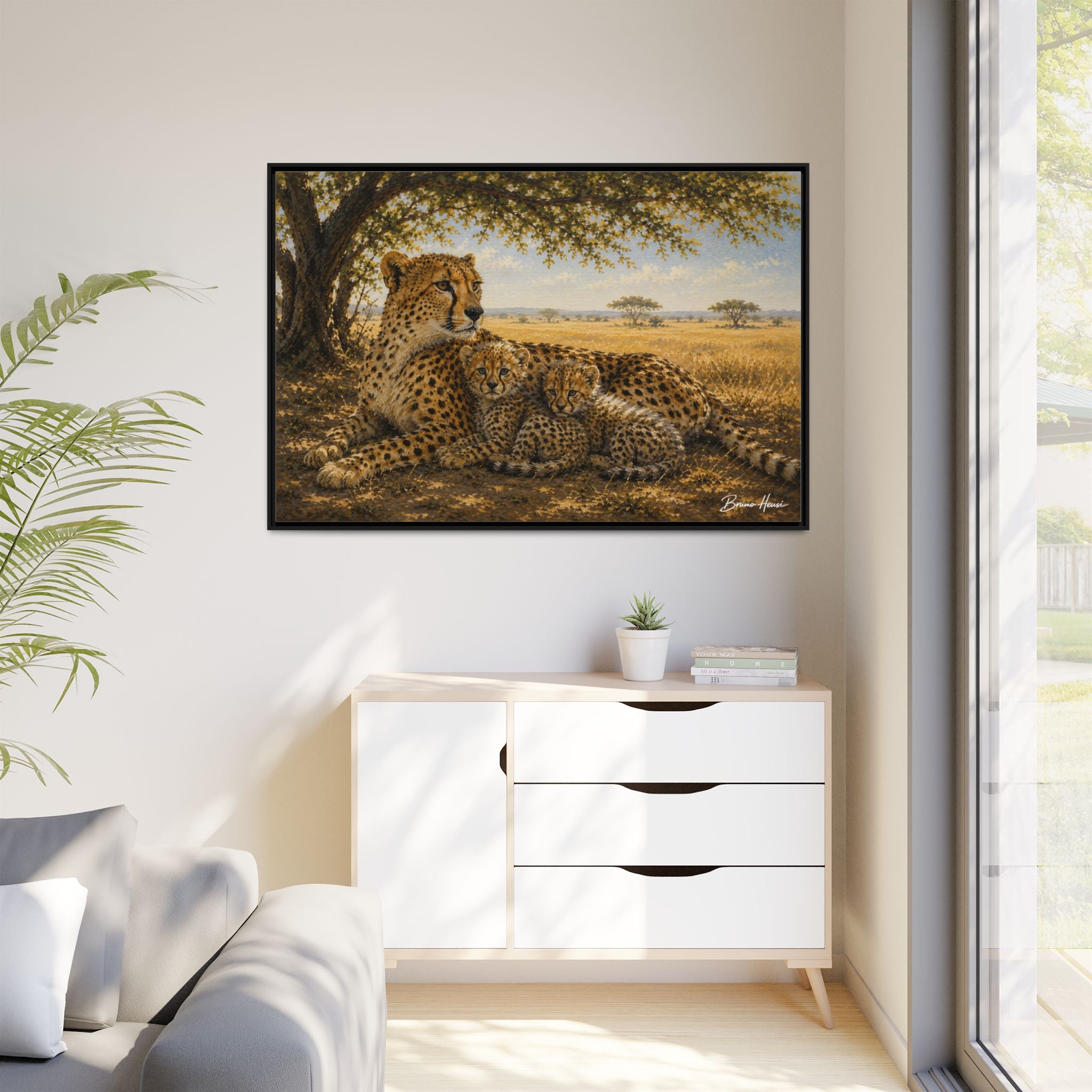 Cheetah Mother & Cubs Framed Canvas Wall Art – African Wildlife Safari Print
