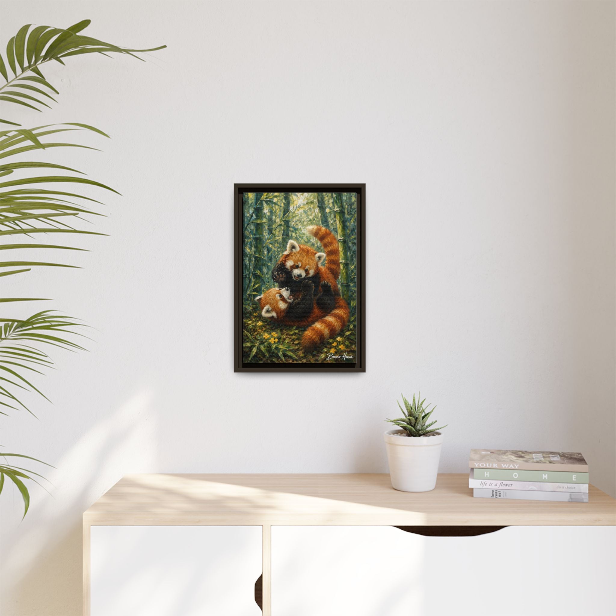 Red Panda Playtime Framed Canvas Wall Art — Playful Wildlife Print