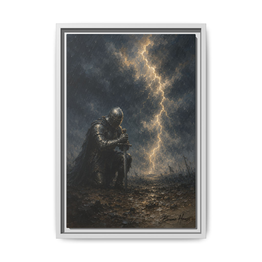 Knight in Thunderstorm Matte Framed Canvas — Dark Fantasy Wall Art