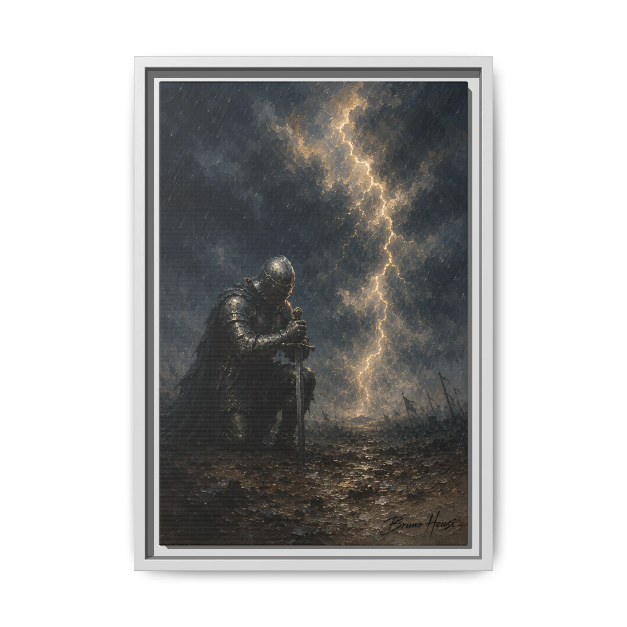 Knight in Thunderstorm Matte Framed Canvas — Dark Fantasy Wall Art