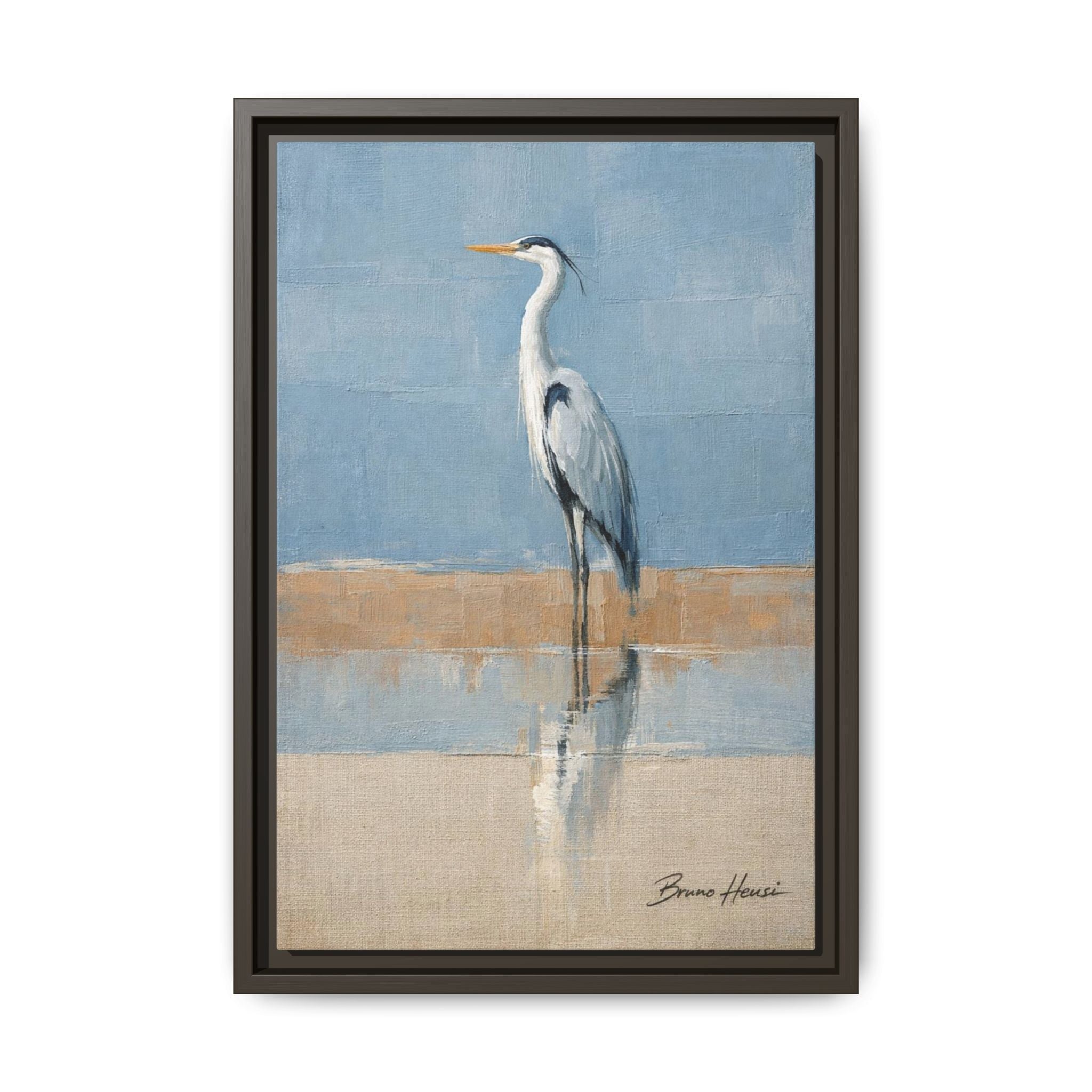Framed Heron Canvas Art – Coastal Shorebird Wall Decor