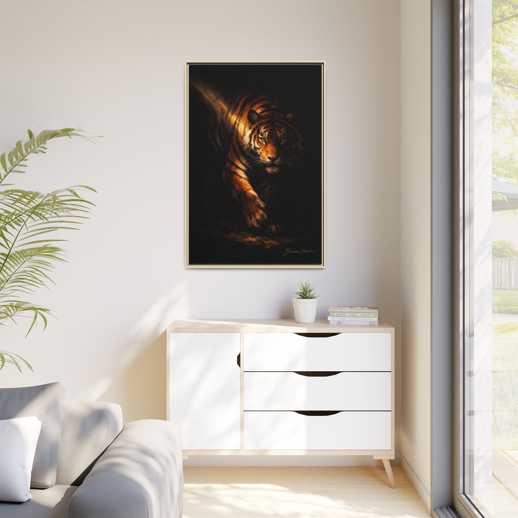 Tiger in the Shadows Matte Framed Canvas Print — Dramatic Wildlife Wall Art
