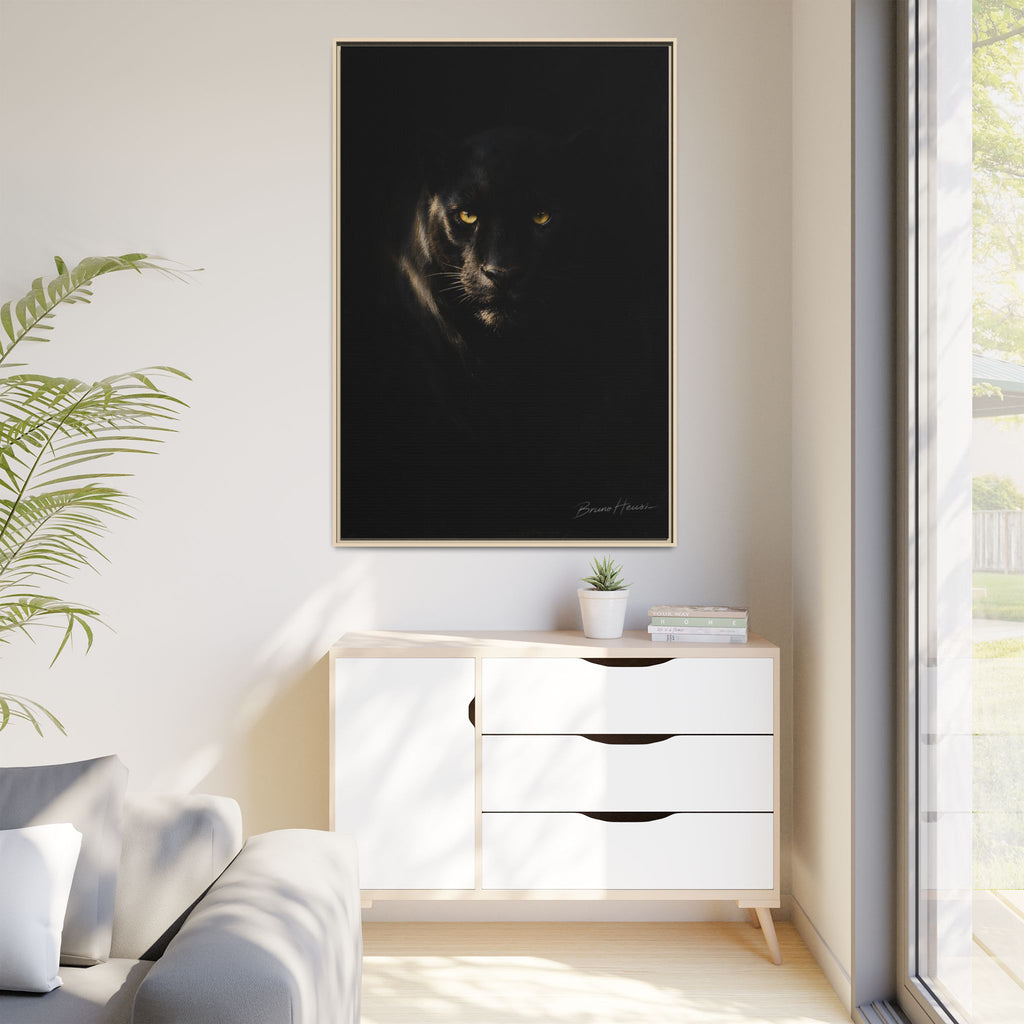 Framed Matte Canvas - Black Panther Wall Art with Golden Eyes