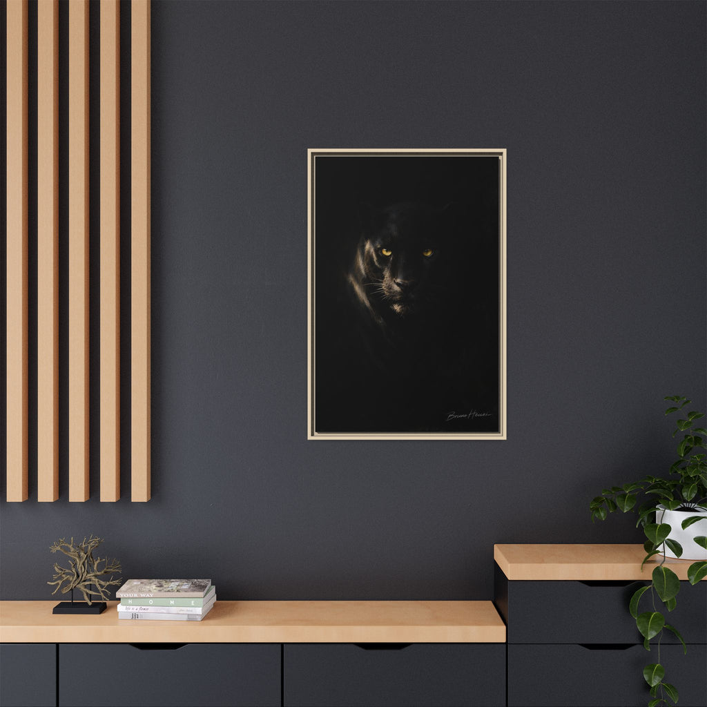 Framed Matte Canvas - Black Panther Wall Art with Golden Eyes