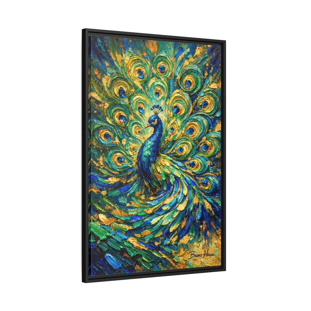 Peacock Oil-Style Framed Canvas Wall Art — Vibrant Blue & Gold Peacock Painting