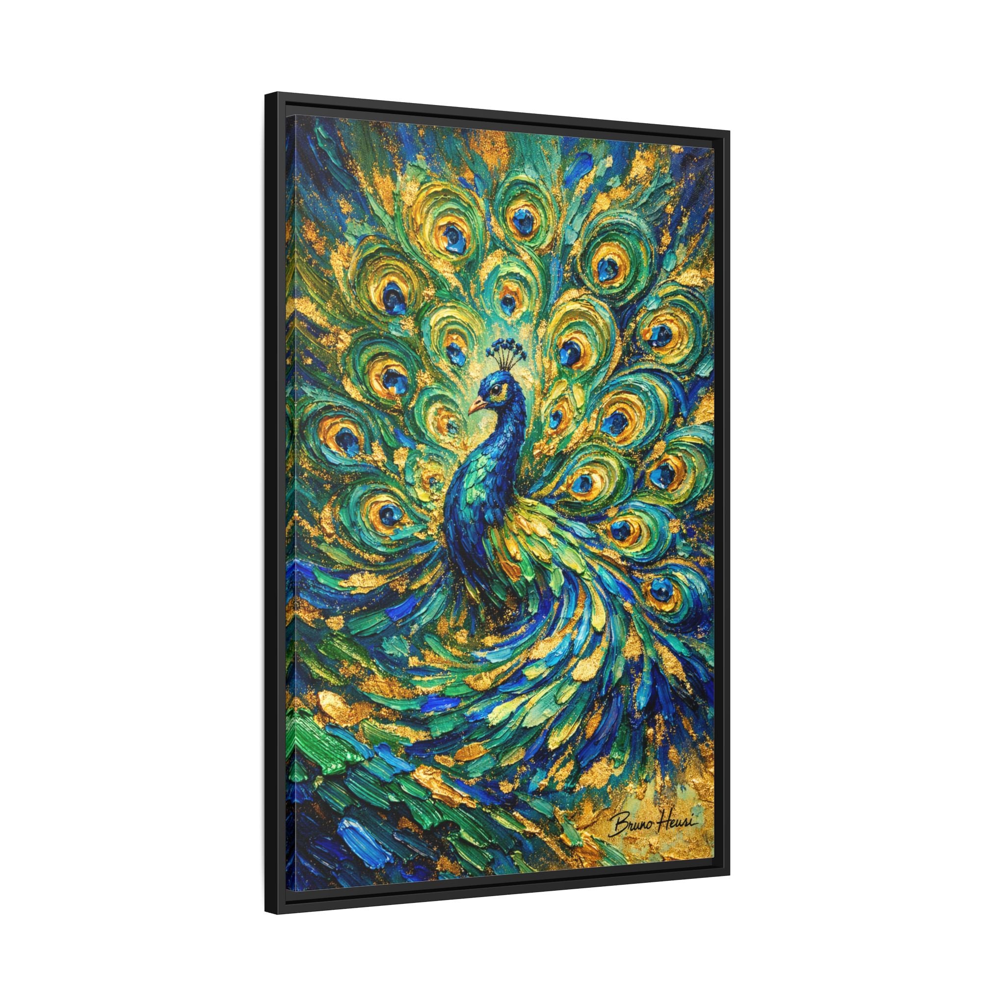 Peacock Oil-Style Framed Canvas Wall Art — Vibrant Blue & Gold Peacock Painting