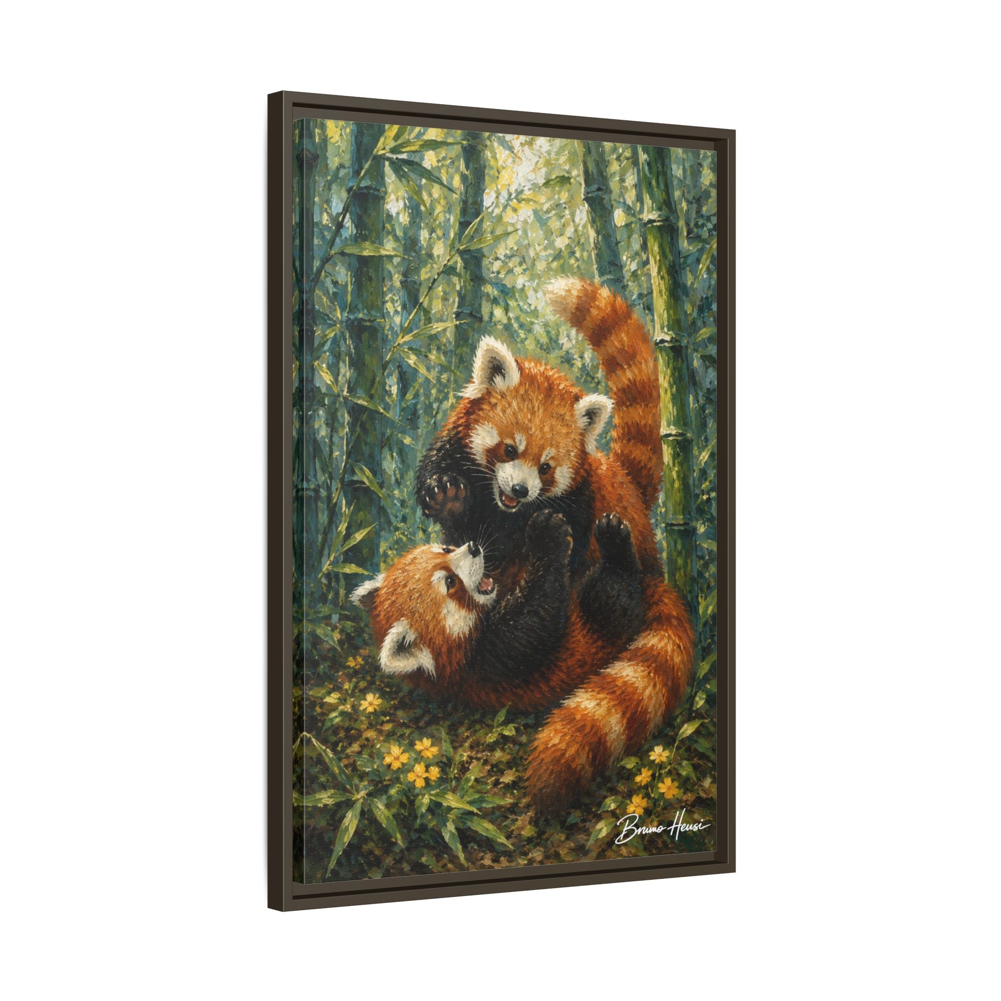 Red Panda Playtime Framed Canvas Wall Art — Playful Wildlife Print