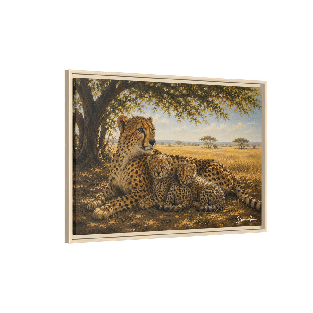 Cheetah Mother & Cubs Framed Canvas Wall Art – African Wildlife Safari Print