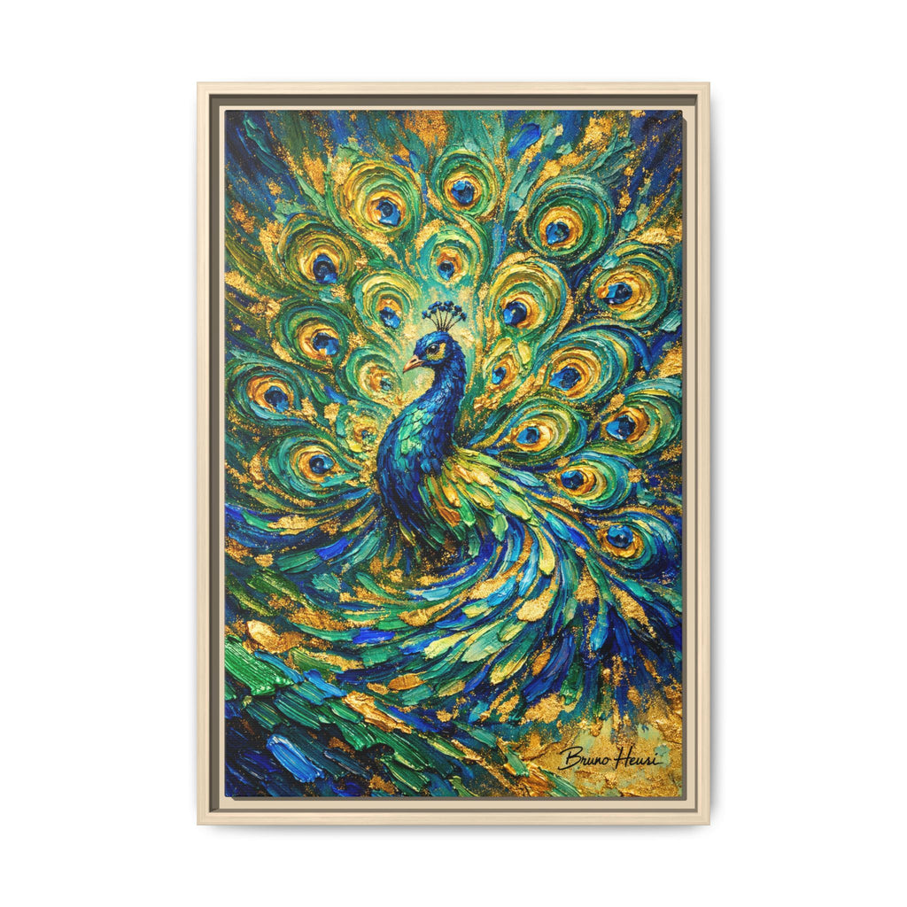 Peacock Oil-Style Framed Canvas Wall Art — Vibrant Blue & Gold Peacock Painting