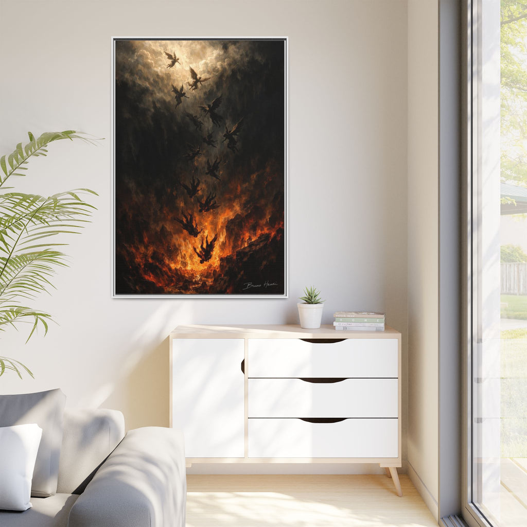 Falling Angels Matte Framed Canvas Print — Dark Fantasy Wall Art