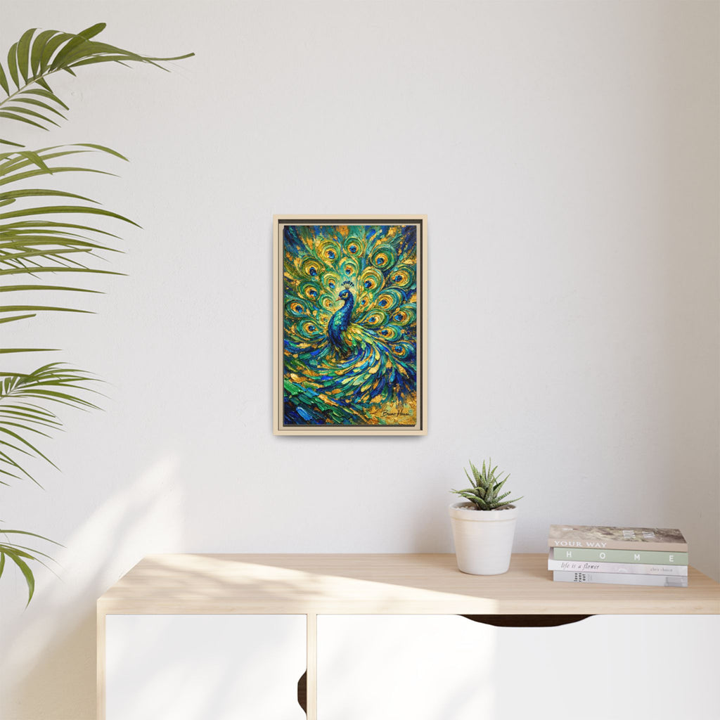 Peacock Oil-Style Framed Canvas Wall Art — Vibrant Blue & Gold Peacock Painting